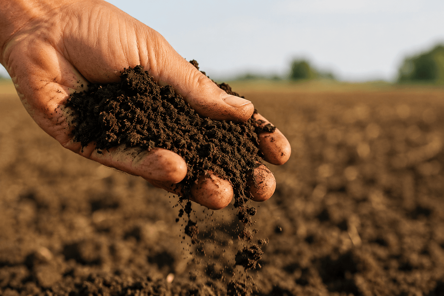 Rich soil crumbling through a farmer's hand