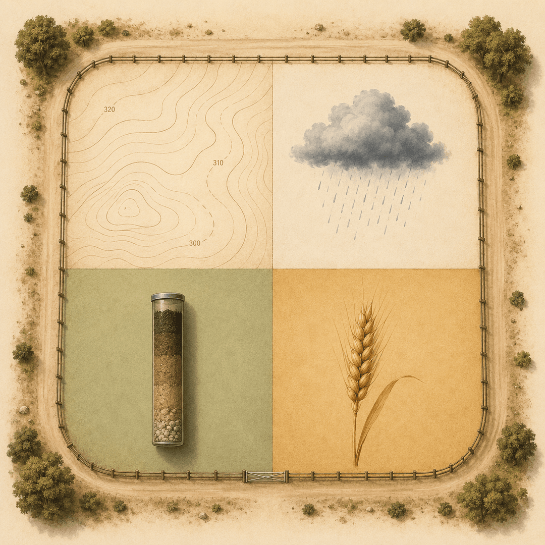 Terrain, climate, soil and crop for a single paddock