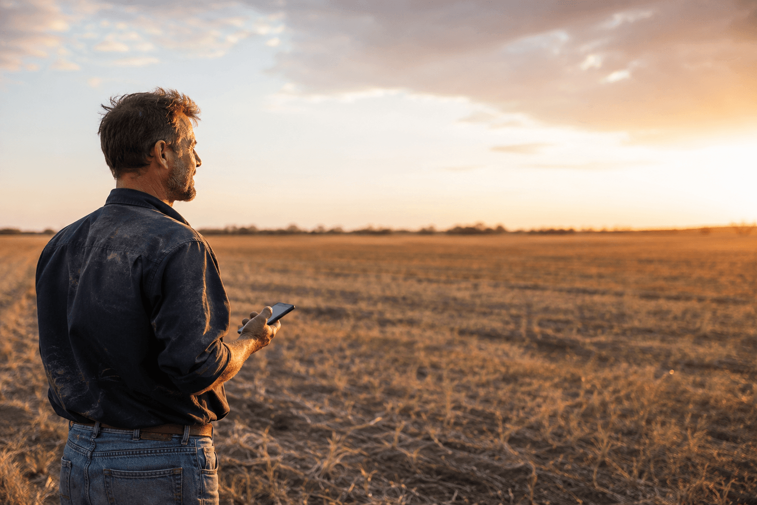 Farmer looking over their land at sunset