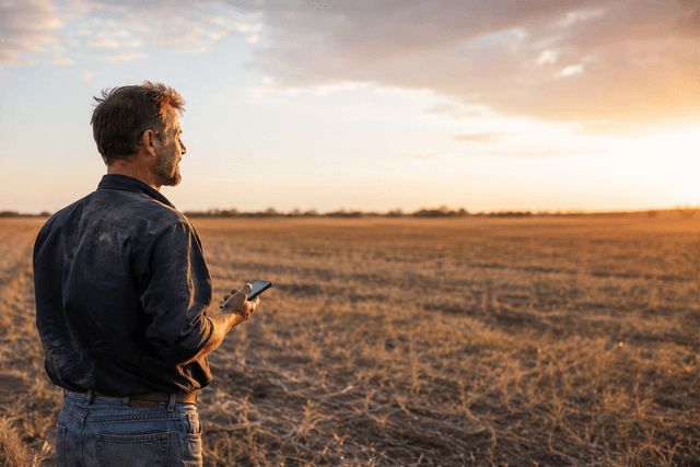 Farmer looking over their land at sunset